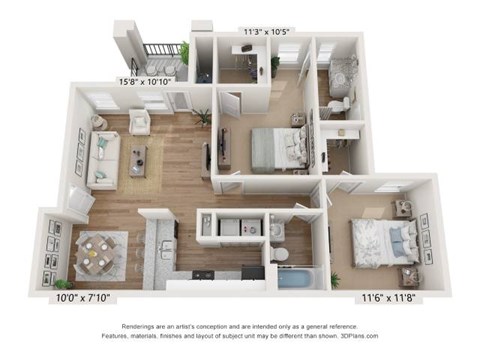 Floor plan for 2 beds, 2 baths, 1019 sqft
